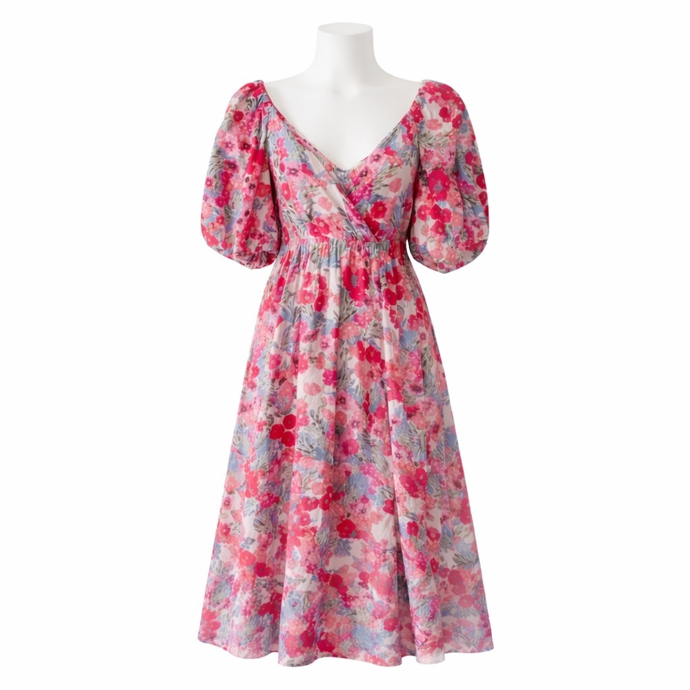Size L Mittoshop Women’s Red Pink Blue Floral Balloon Sleeve Midi Dress